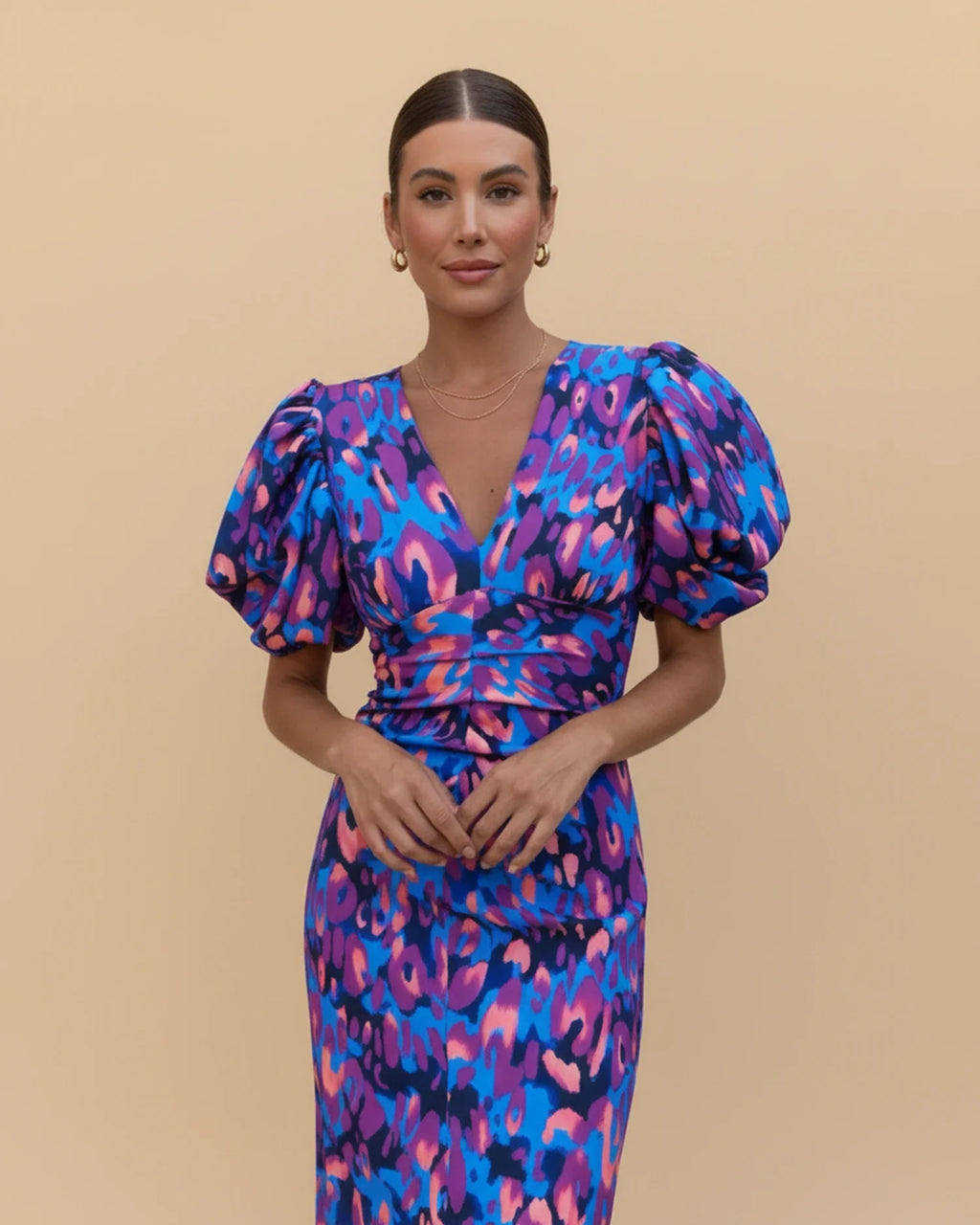 Women's puff sleeve V-neck animal print midi dress, back view