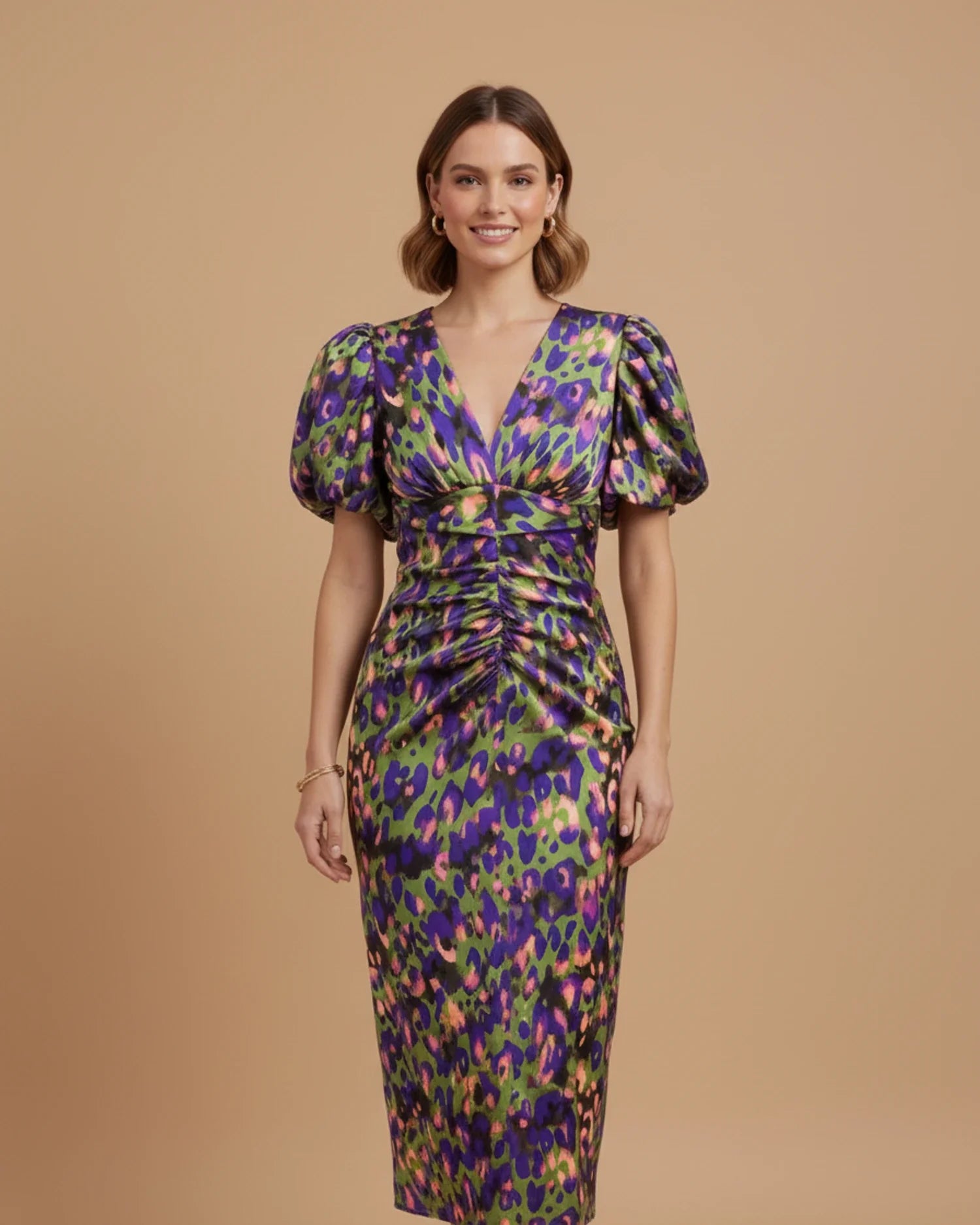 Women's puff sleeve V-neck midi dress, puff sleeve detail close up
