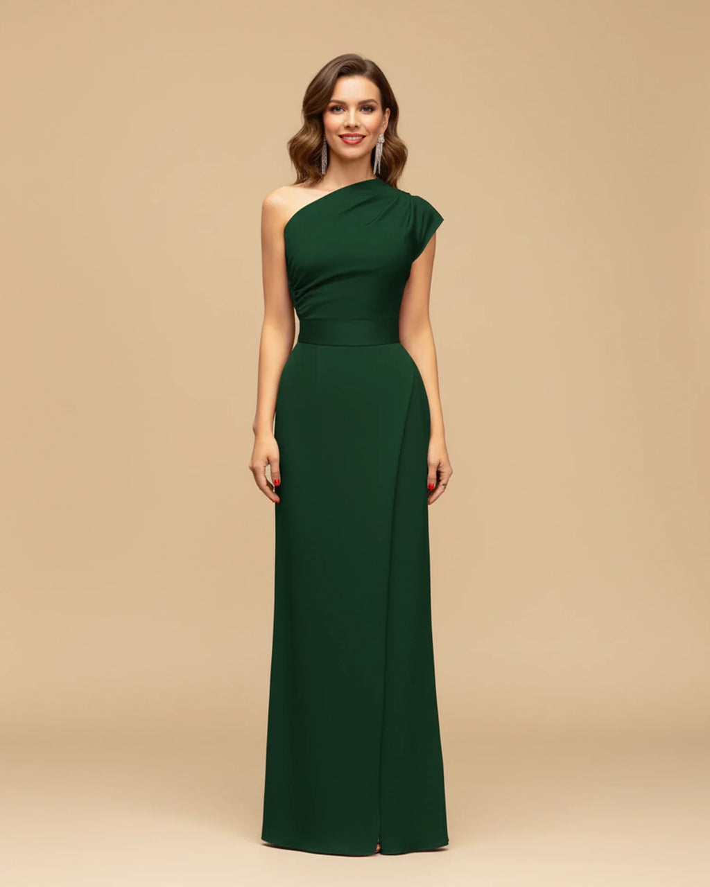 Women's one-shoulder slit wrap maxi dress, neckline detail