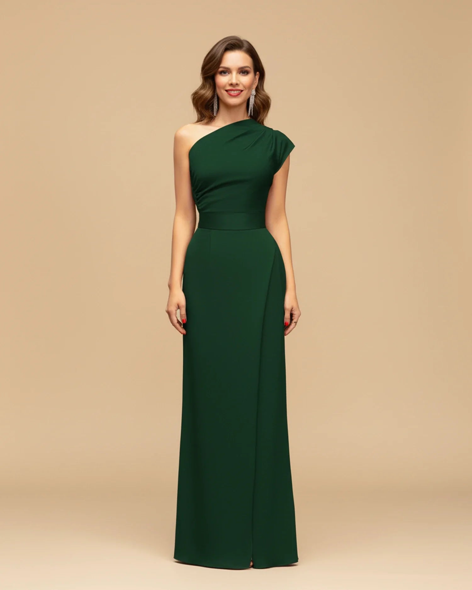 Women's one-shoulder slit wrap maxi dress, neckline detail