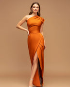 Women's one-shoulder slit wrap maxi dress, back view