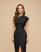 Women's one-shoulder slit wrap maxi dress, full length view