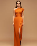 Women's one-shoulder slit wrap maxi dress, front view