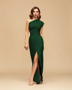 Women's one-shoulder slit wrap maxi dress, model full length view
