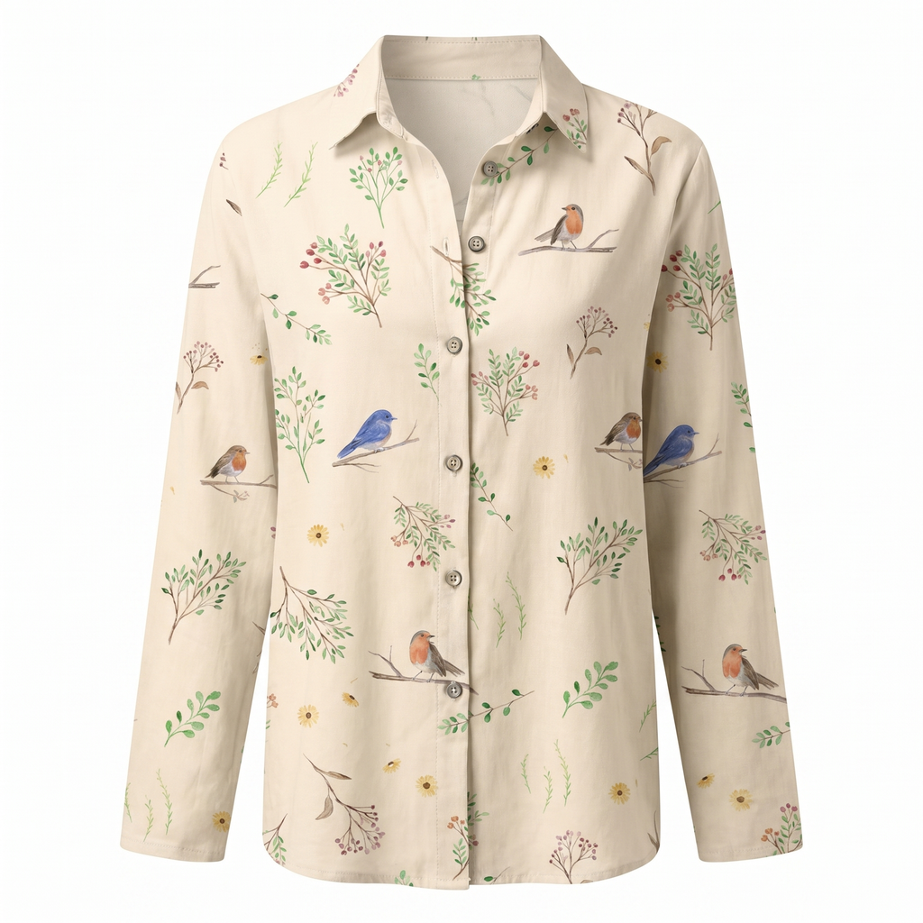 Abstract split neck blouse in bird print, product view