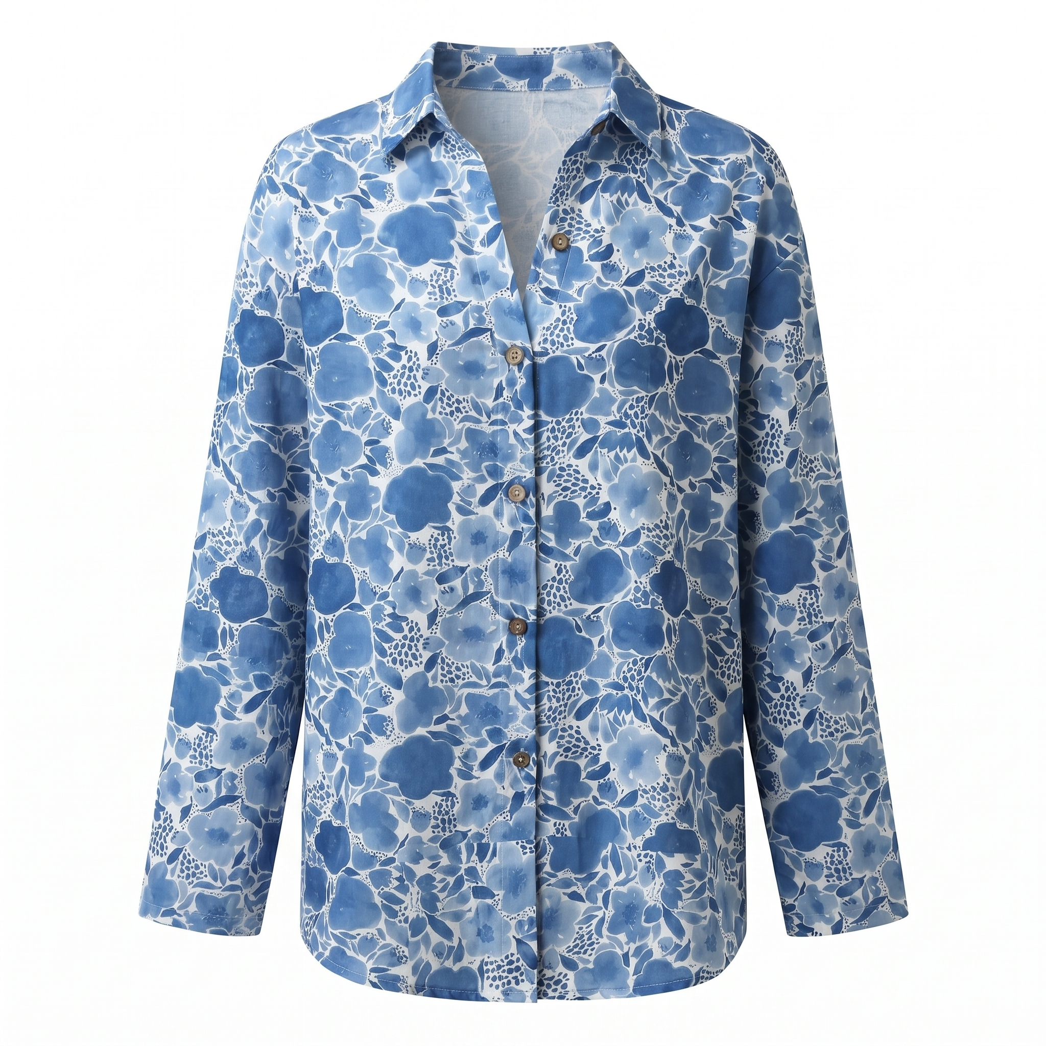 Abstract print split neck blouse in blue, product view