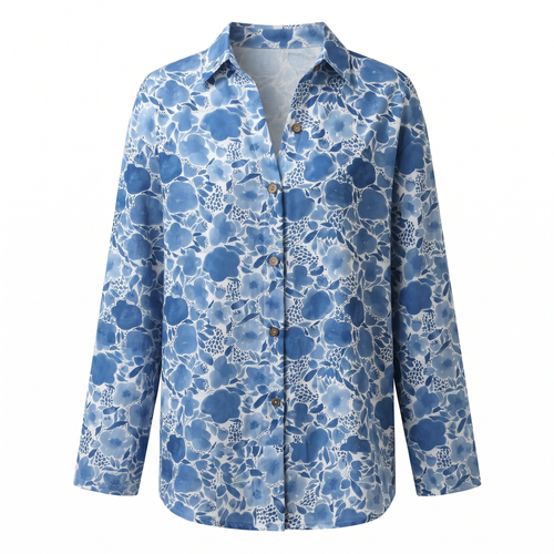 Abstract print split neck blouse in blue, product view