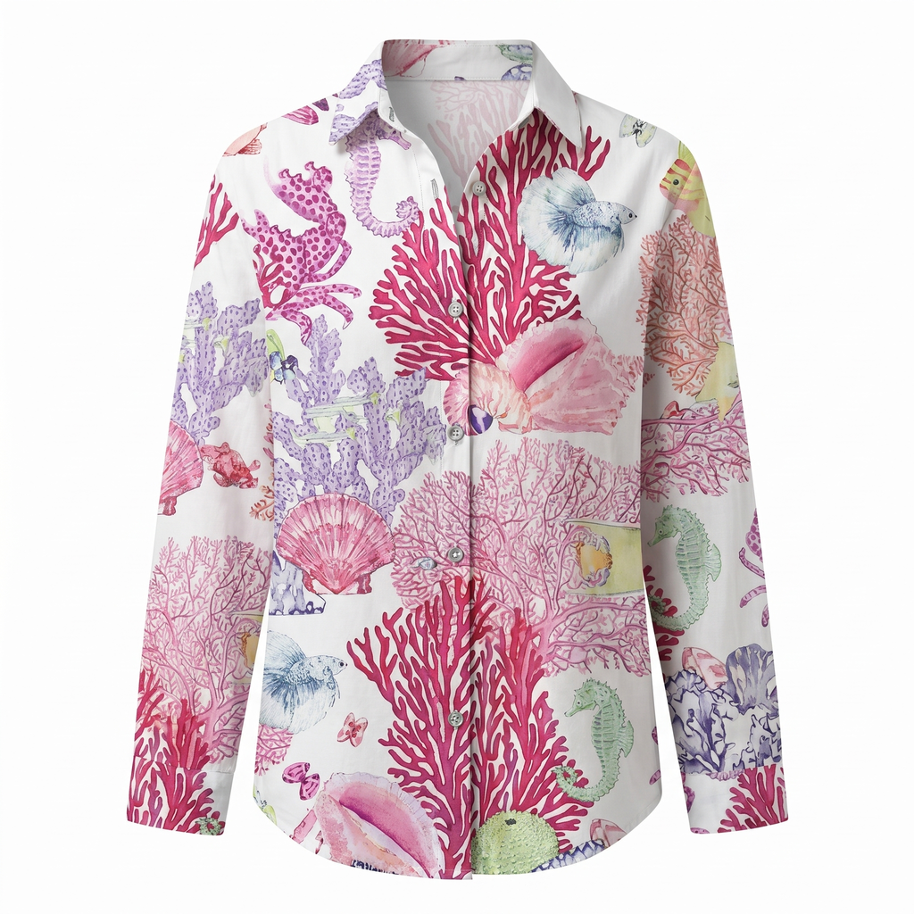 Abstract print split neck blouse in coral, product view