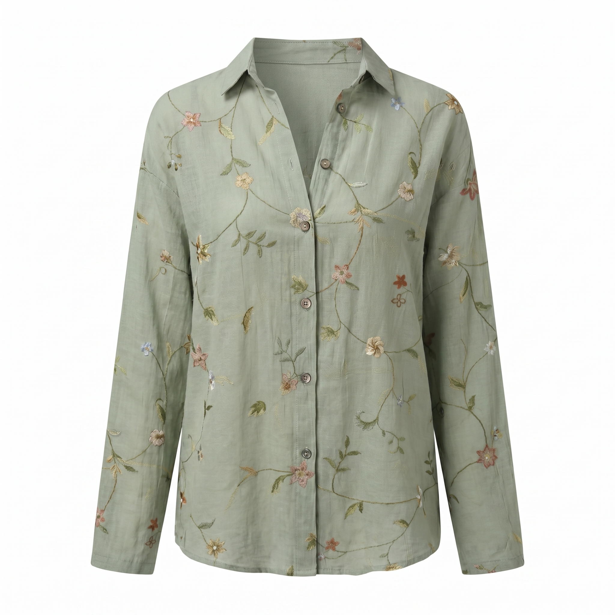 Abstract print split neck blouse in green, product view