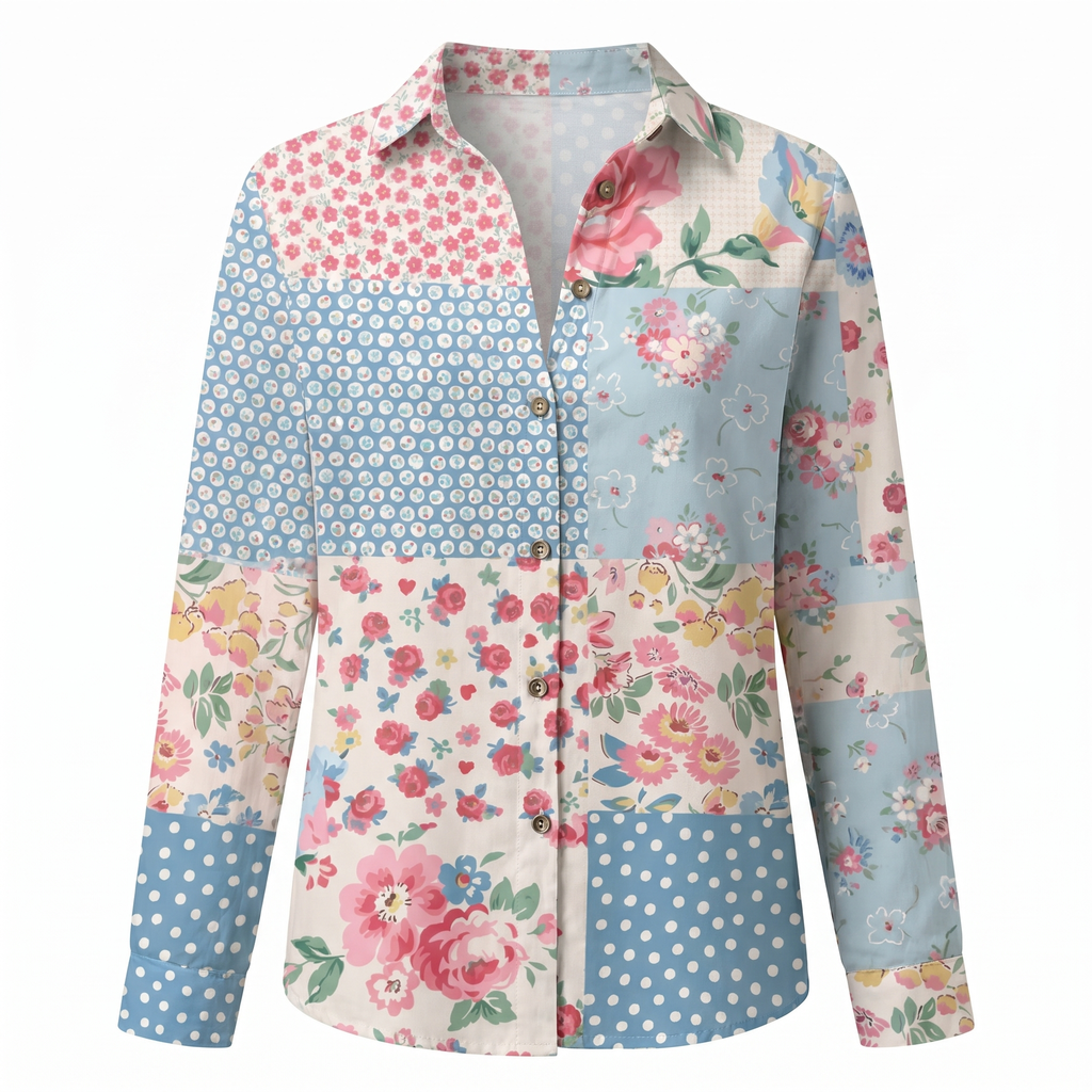 Abstract split neck blouse in patchwork print, product view