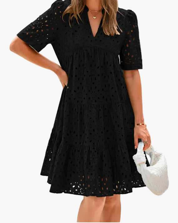 Eyelet midi dress with V-neck tiered skirt in black, front view