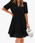 Eyelet midi dress with V-neck tiered skirt in black, front view