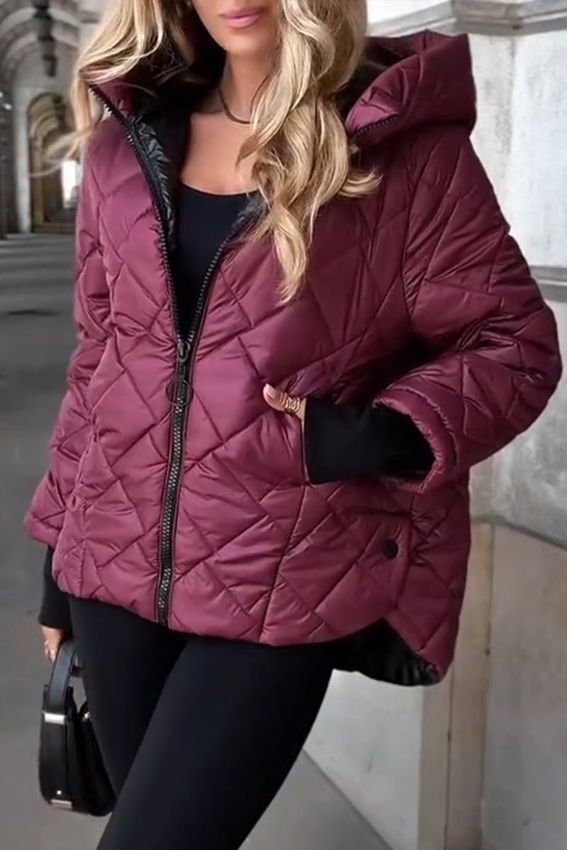 Diamond quilted hooded ribbed cuff puffer jacket with an attached hood