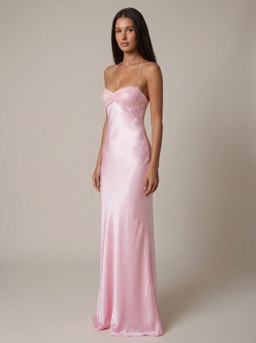 Beaded maxi dress back view full length pink