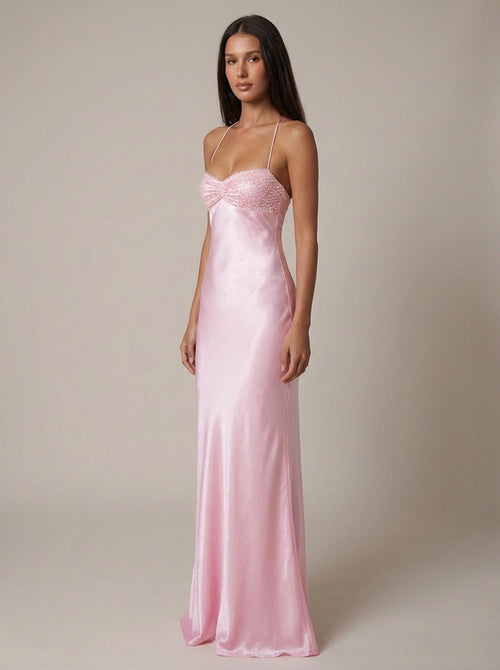 Beaded maxi dress back view full length pink