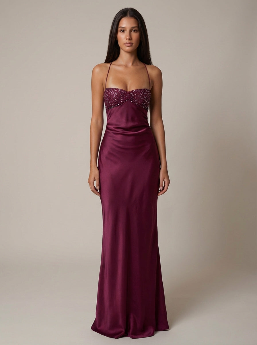 Beaded halter maxi dress lifestyle shot gala evening