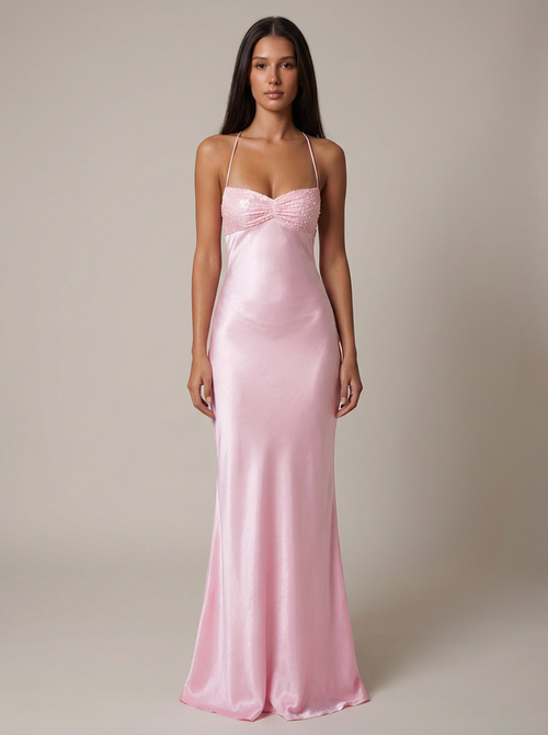Pink beaded halter maxi dress front view formal evening gown