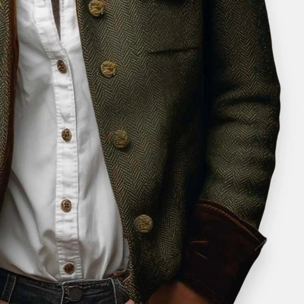 Herringbone tweed quilted gold button jacket with velvet cuff trims