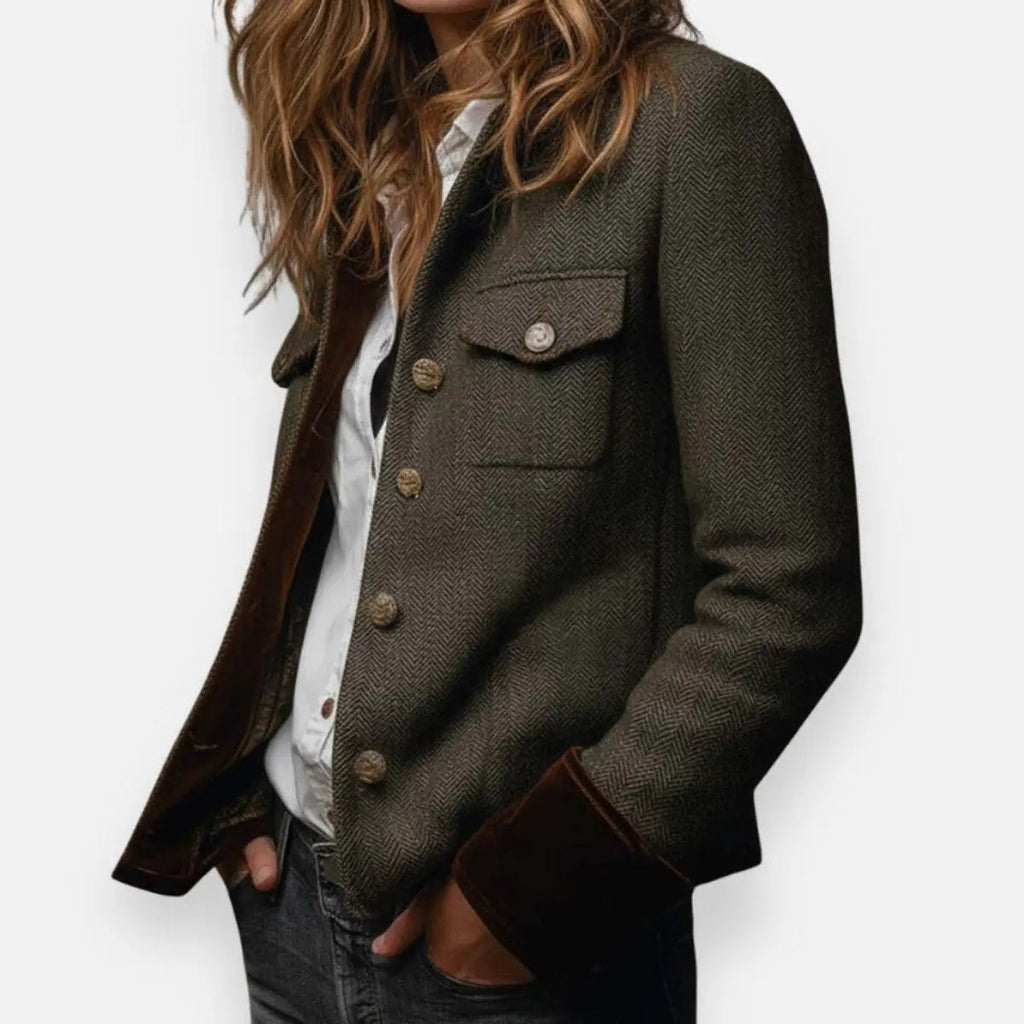 Herringbone tweed quilted gold button jacket with flap chest pockets