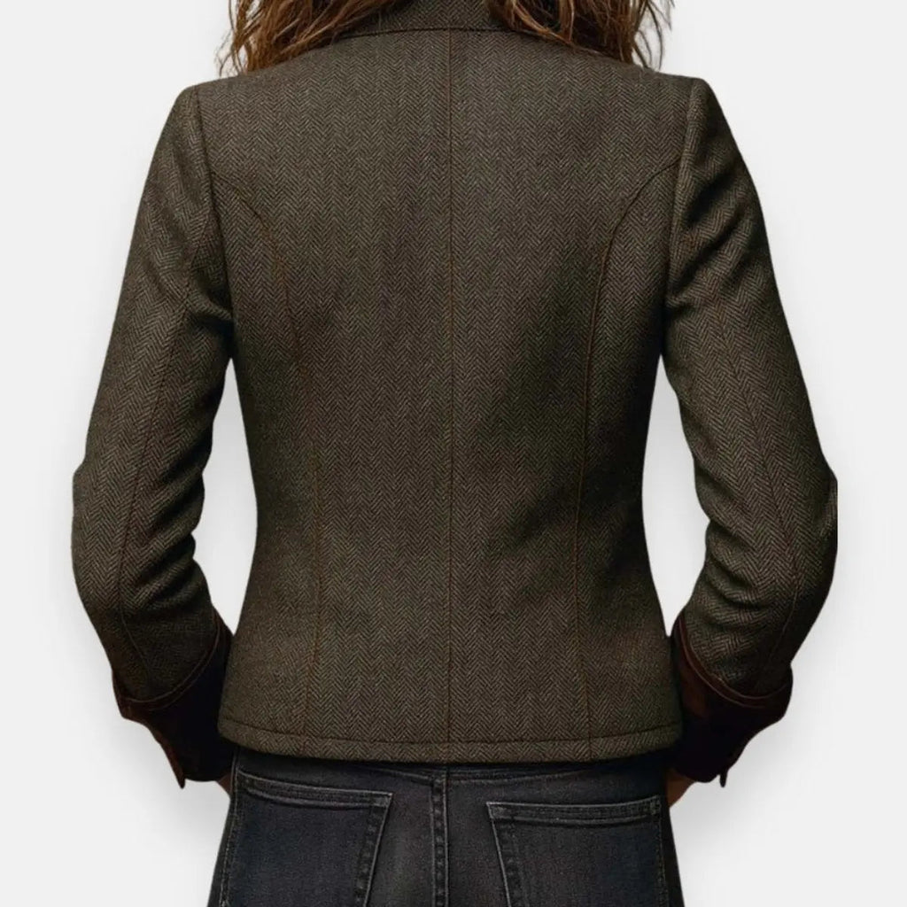 Herringbone tweed quilted gold button jacket with a structured tailored fit