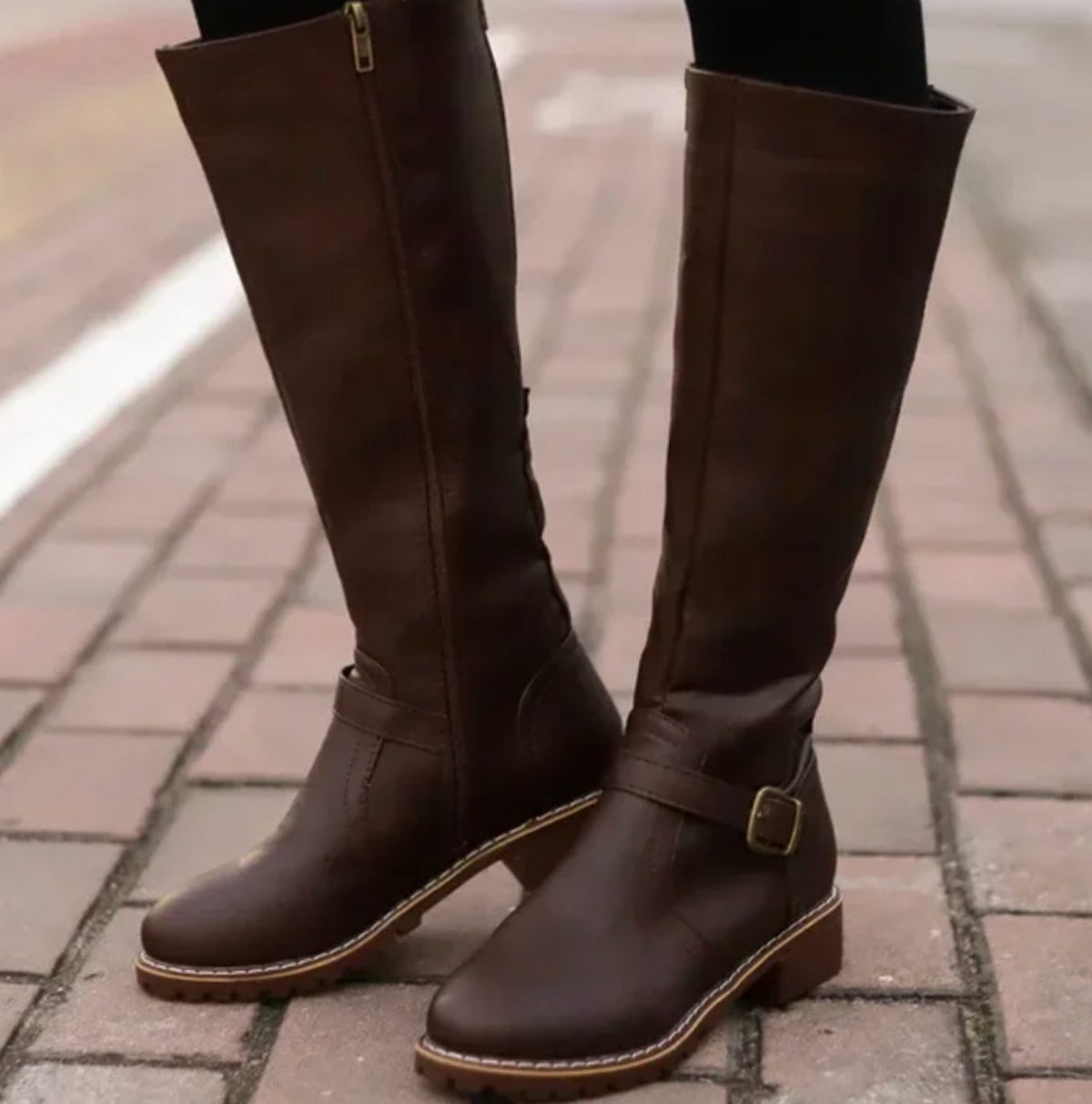 Leather ankle buckle block heel knee high riding boots with an adjustable ankle buckle