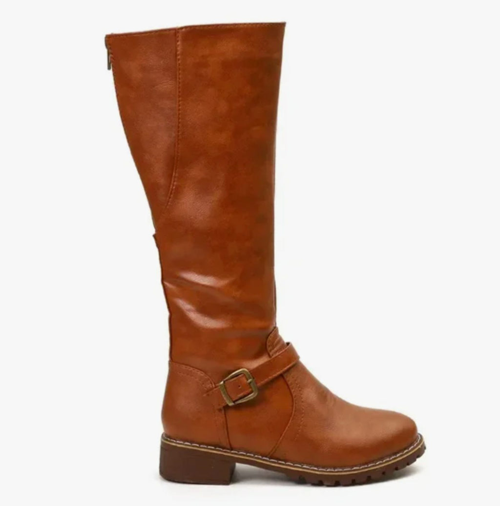 Leather ankle buckle block heel knee high riding boots with a knee high shaft