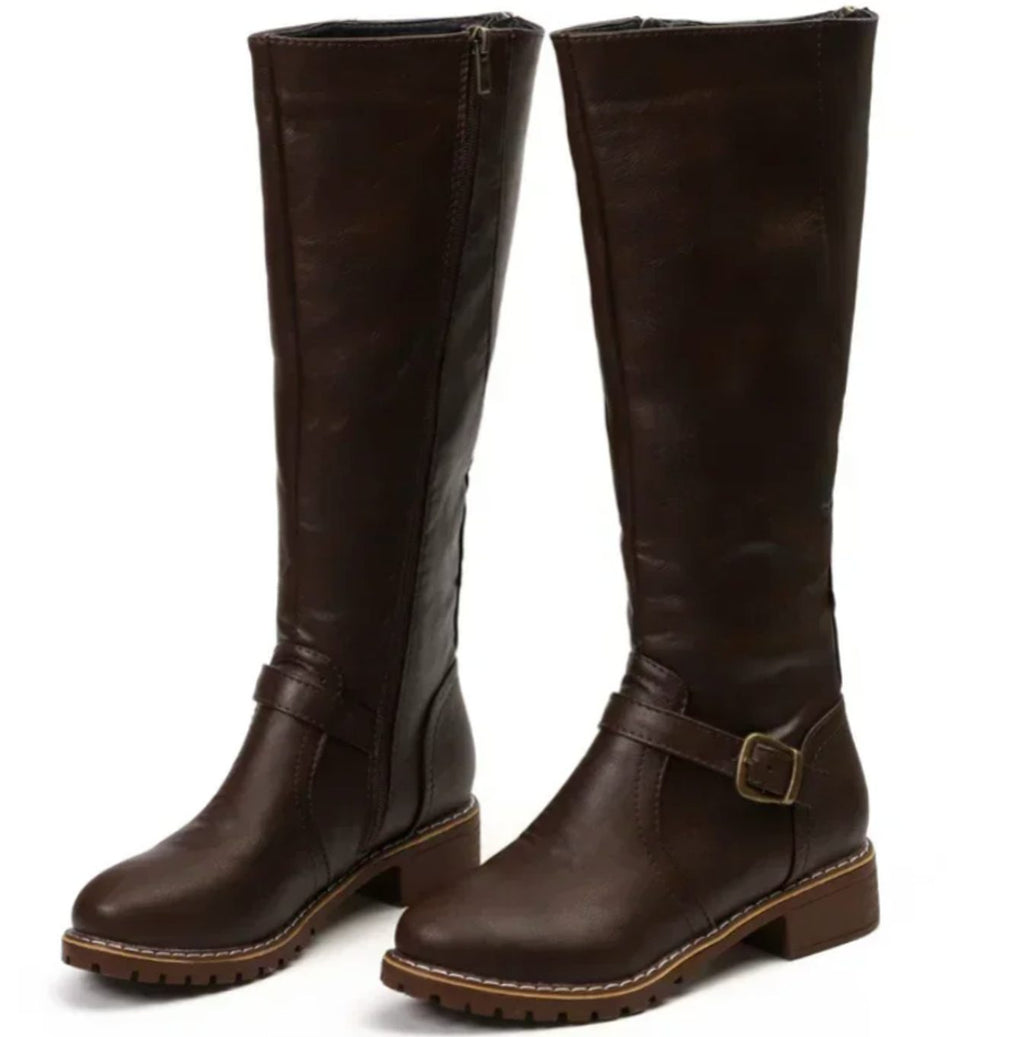 Leather ankle buckle block heel knee high riding boots with an adjustable ankle buckle