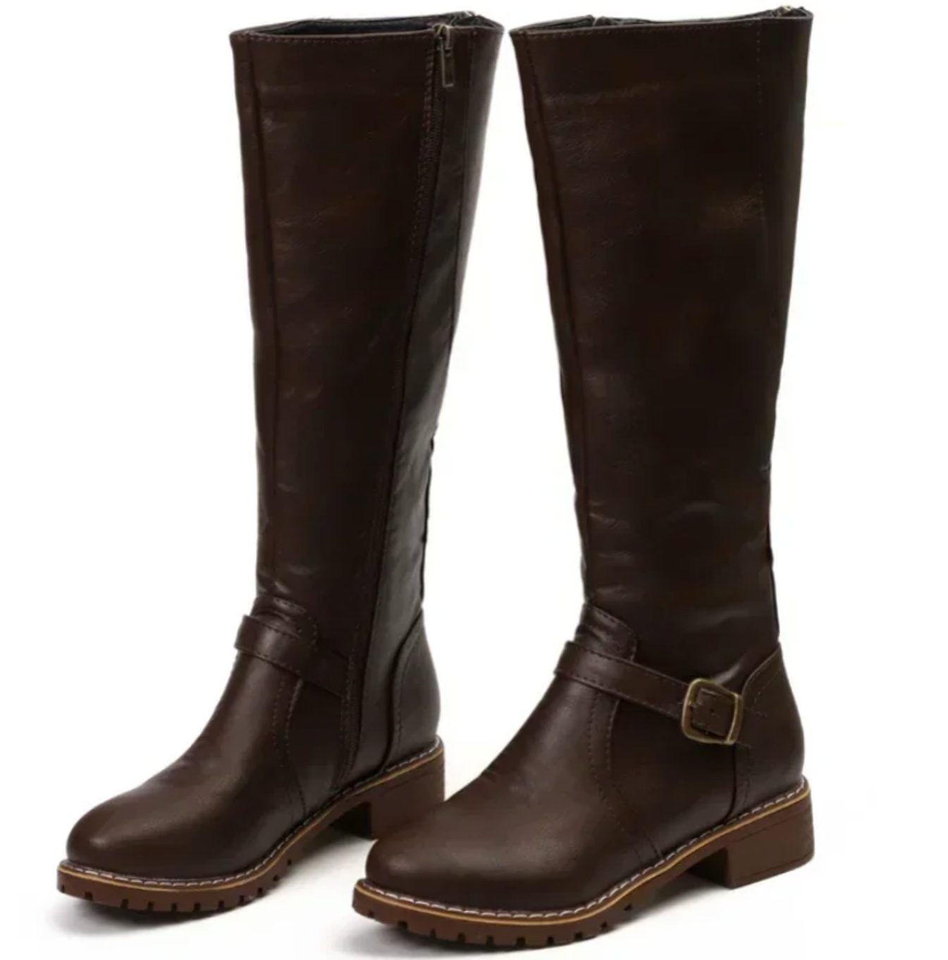 Leather ankle buckle block heel knee high riding boots with an adjustable ankle buckle