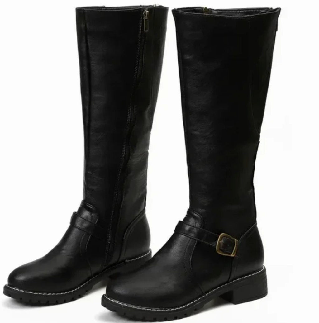Leather ankle buckle block heel knee high riding boots with a low block heel