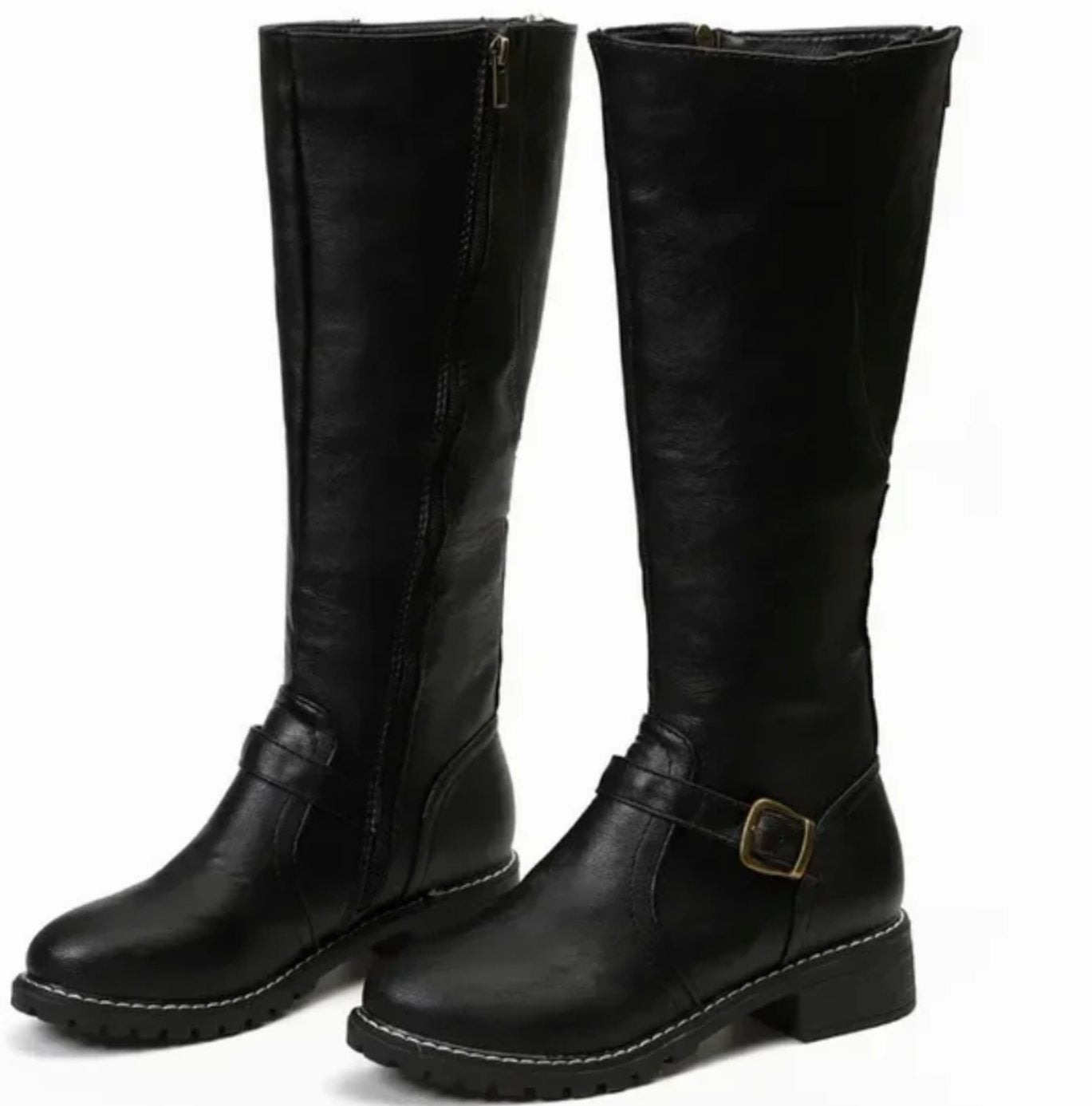 Leather ankle buckle block heel knee high riding boots with a low block heel