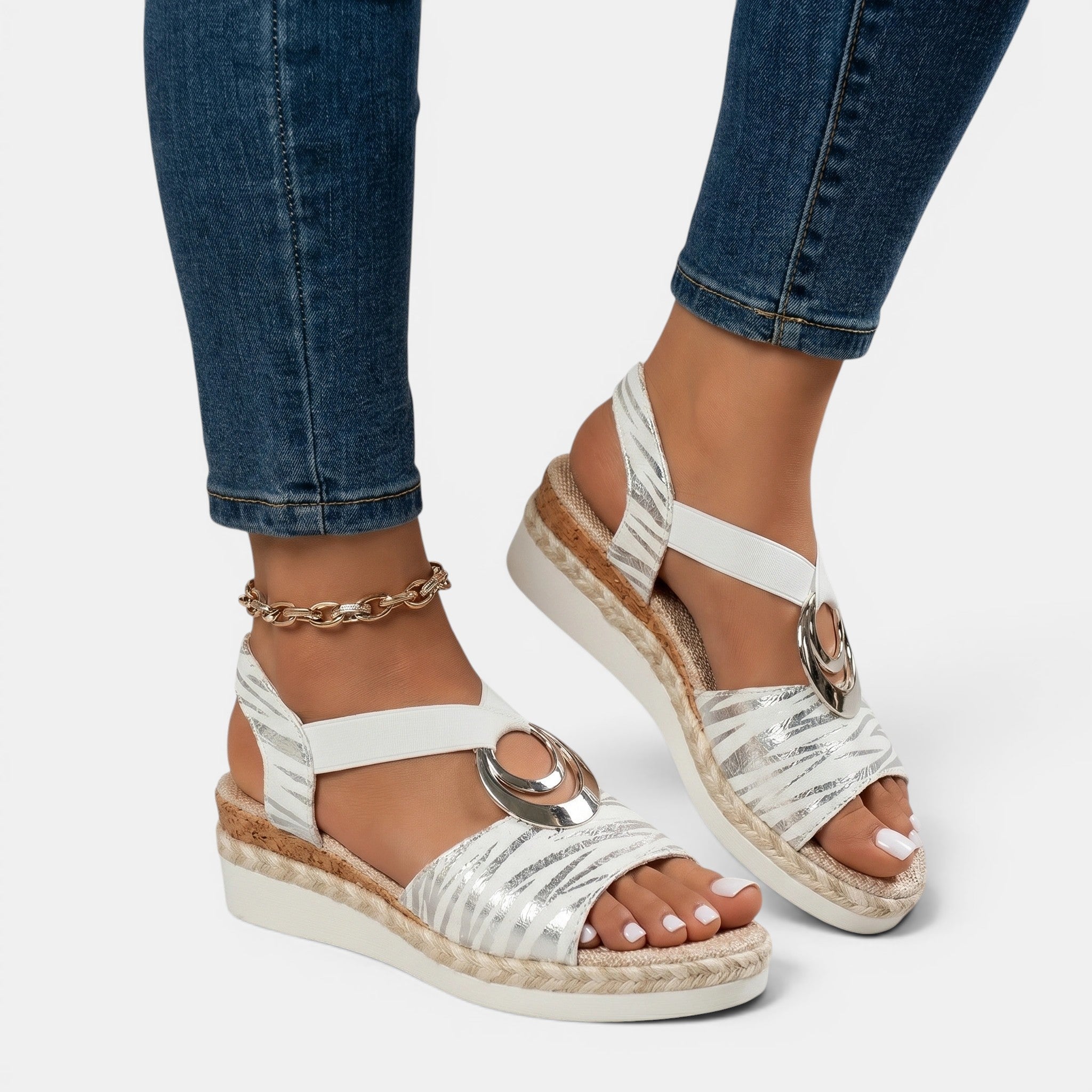 Leather Platform Sandals with Ankle Strap in White, detail view