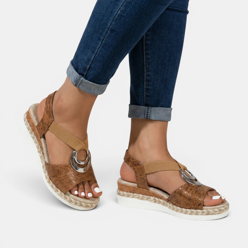 Leather Platform Sandals with Ankle Strap in Brown, side view