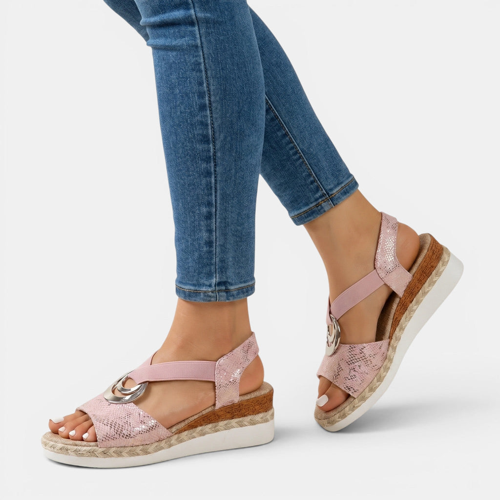 Leather Platform Sandals with Ankle Strap in Brown, angled view