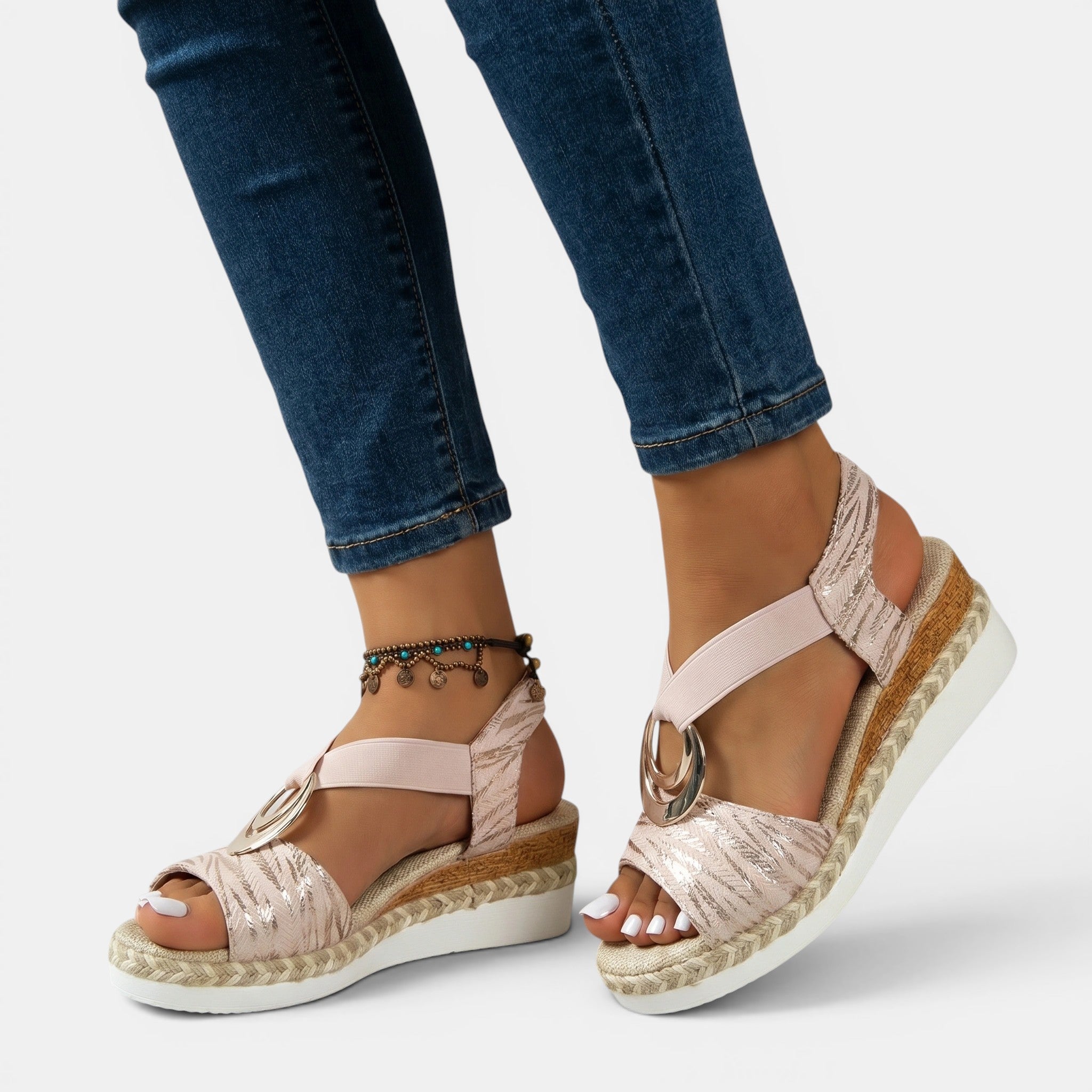 Leather Platform Sandals with Ankle Strap in Blue, front view