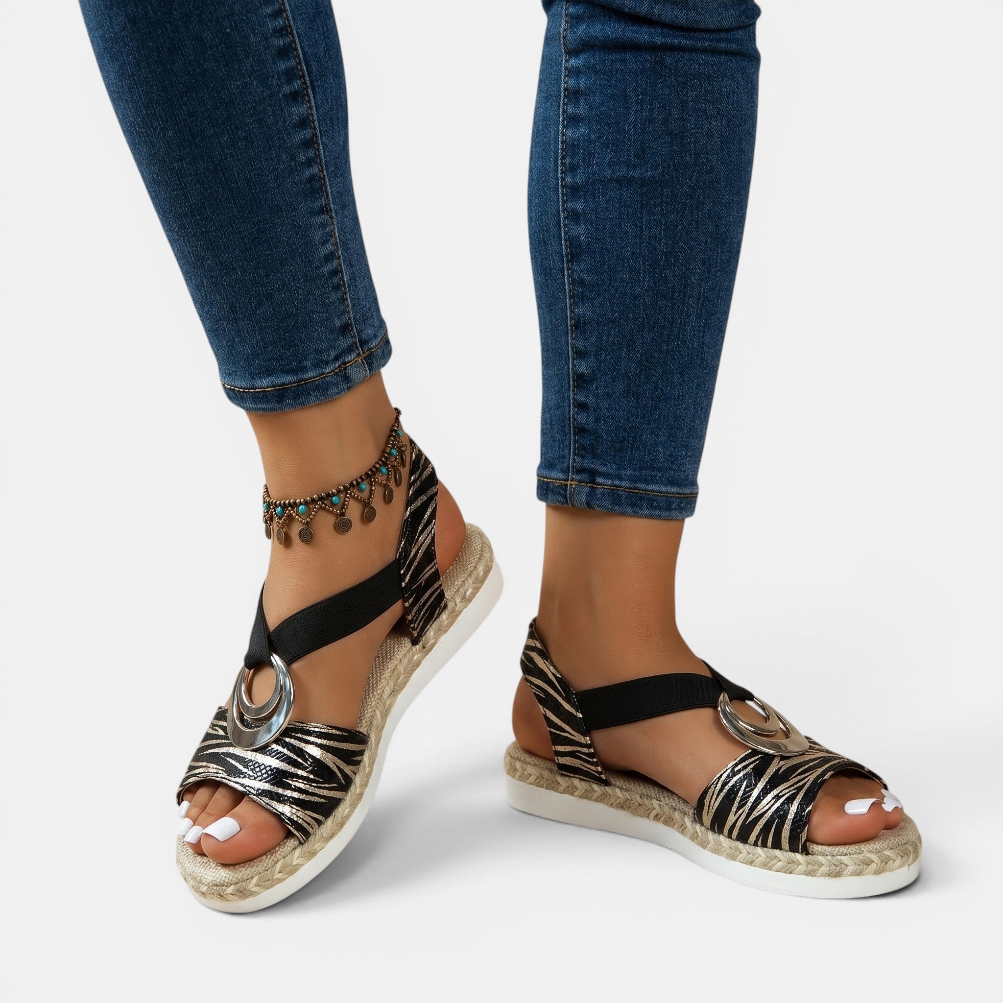 Leather Platform Sandals with Ankle Strap in Blue, angled view