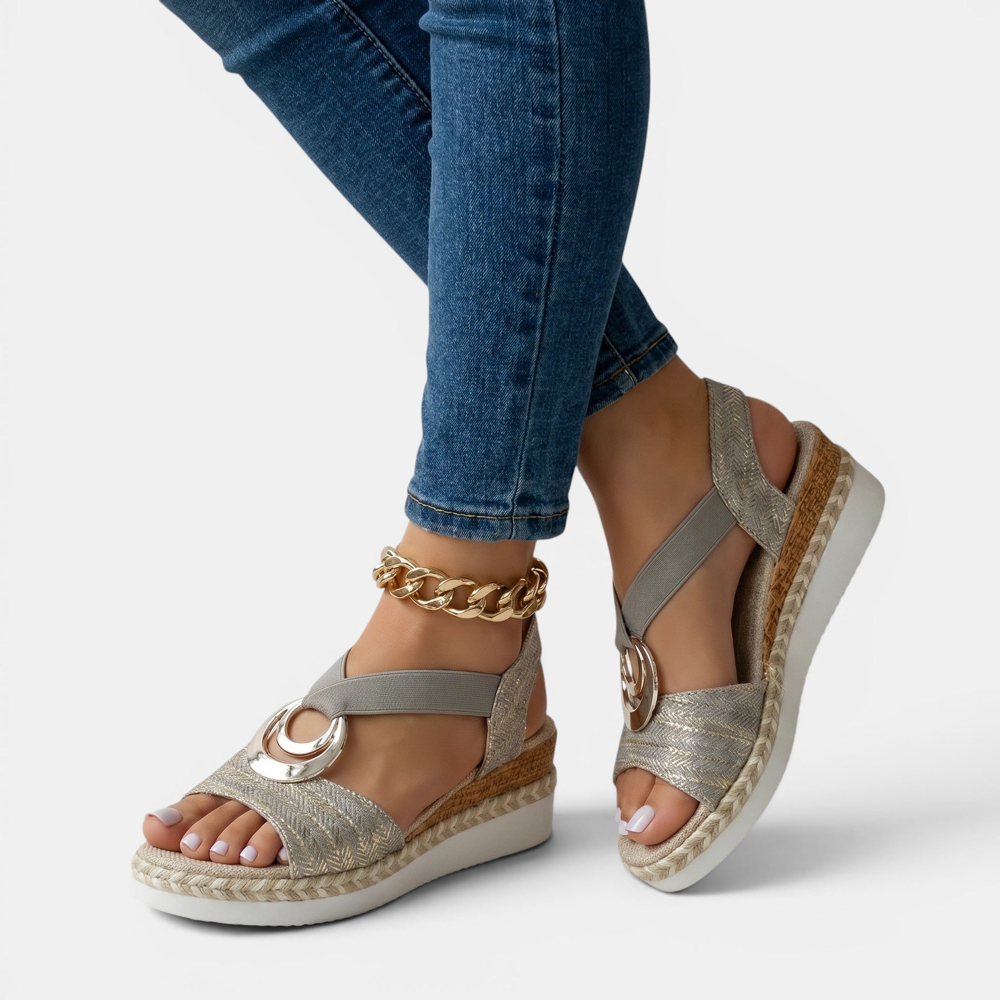 Leather Platform Sandals with Ankle Strap in Blue, side view