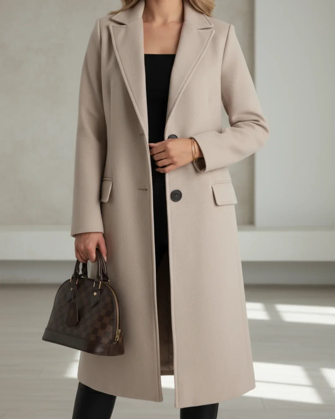 Long tailored notched lapel wool coat with a single breasted front in Beige
