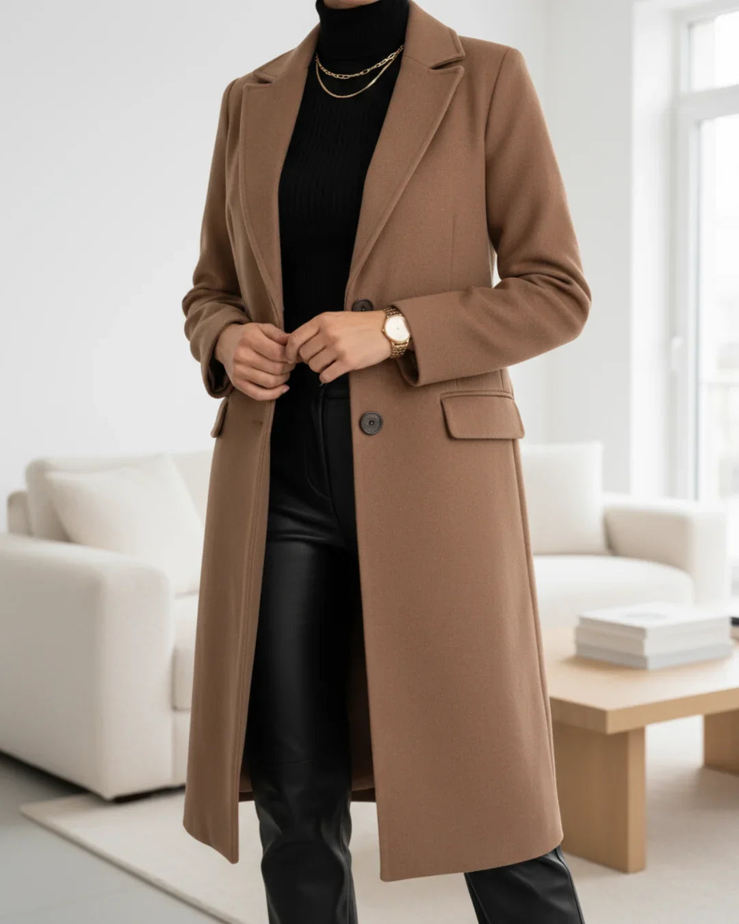 Long tailored notched lapel wool coat with a tailored waist in Brown