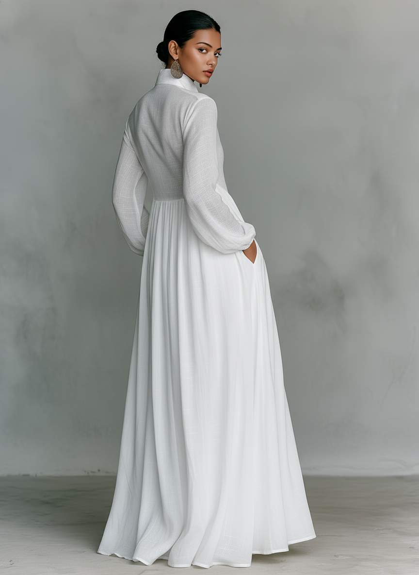 Long sleeve maxi dress back view full length white