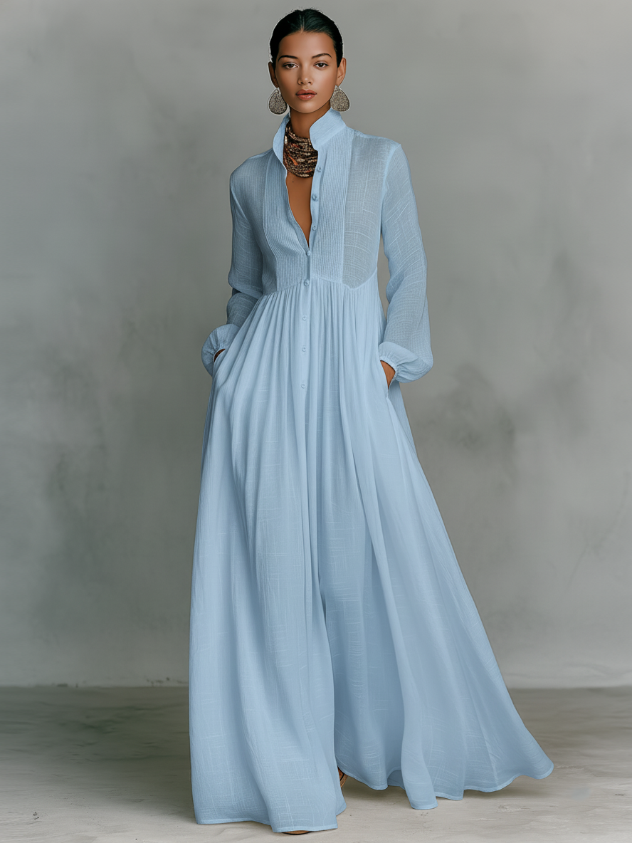 Stand collar maxi dress side profile minimalist style