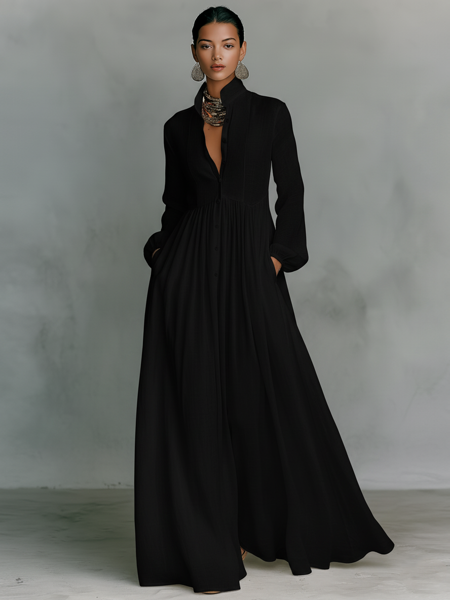 Stand collar detail close-up white maxi dress