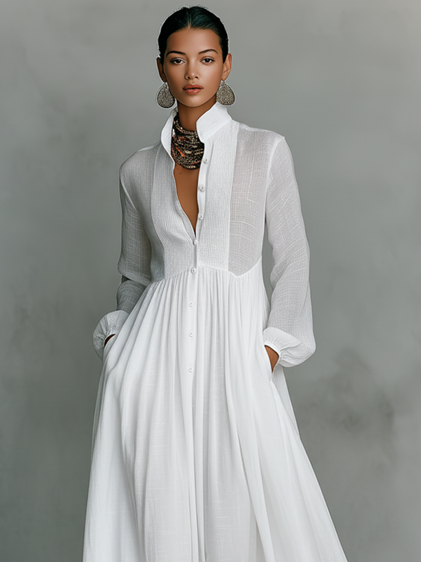 Long sleeve white maxi dress three-quarter view