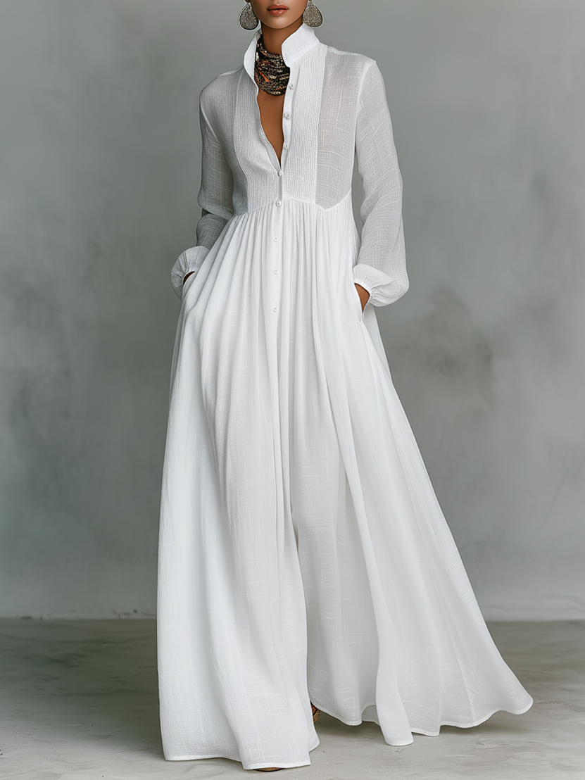 White stand collar long sleeve maxi dress front view