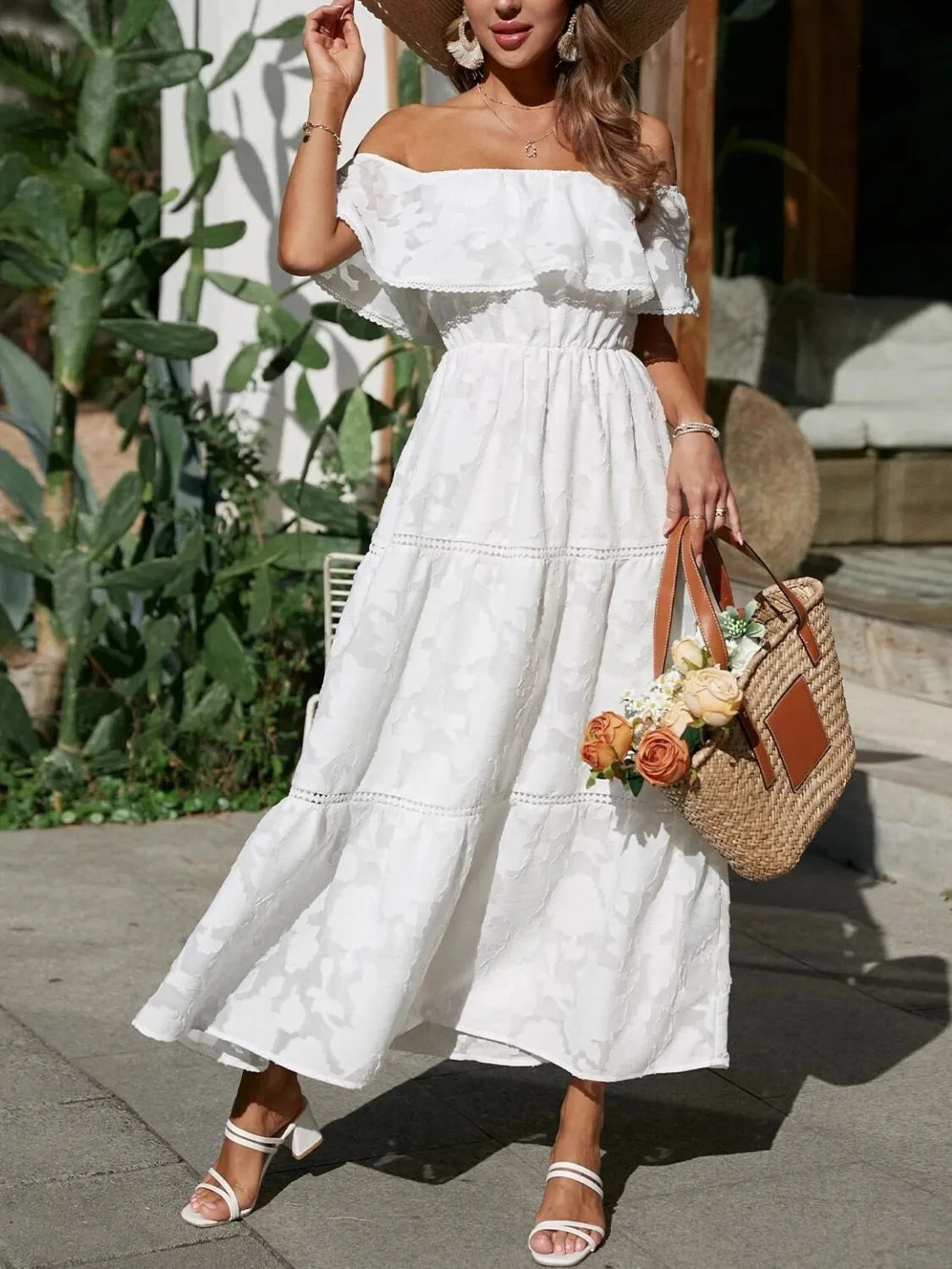 Women's off shoulder tiered maxi dress wedding guest style