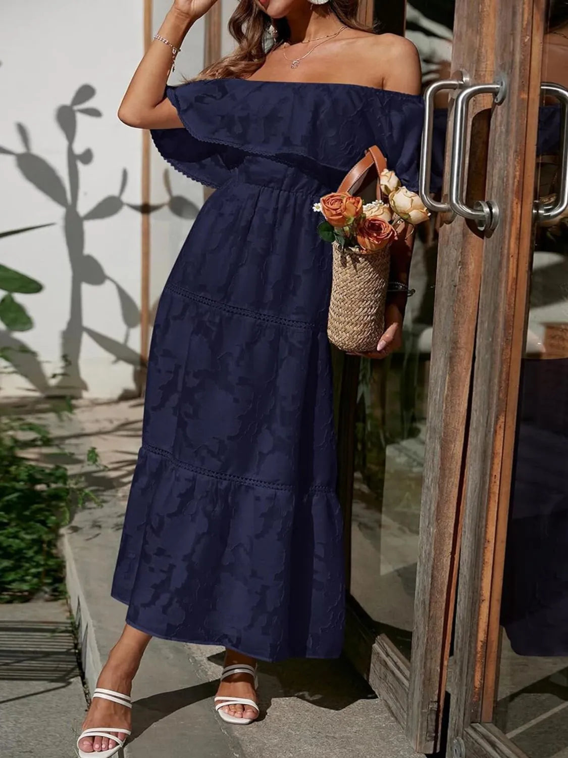Women's elegant off shoulder maxi dress layered skirt detail
