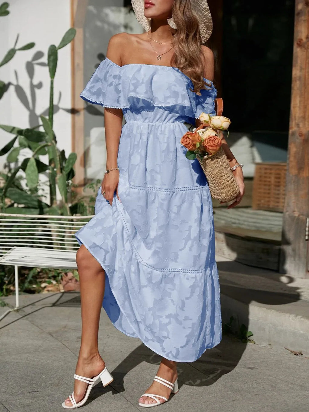Women's off shoulder maxi dress back view tiered layers