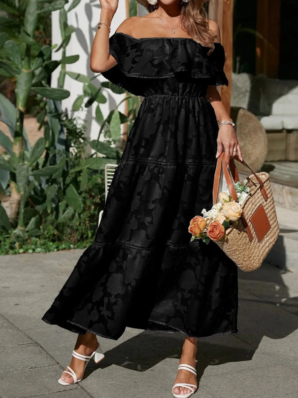 Women's off shoulder tiered maxi dress outdoor celebration look