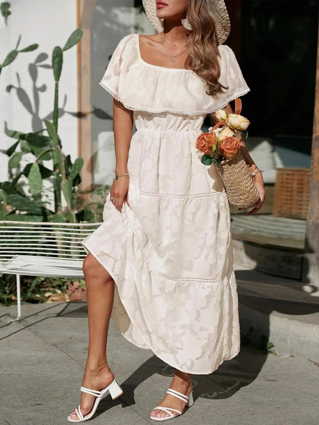 Women's wedding guest maxi dress off shoulder tiered style