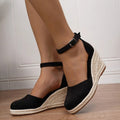 Women's summer block heels in black, side view