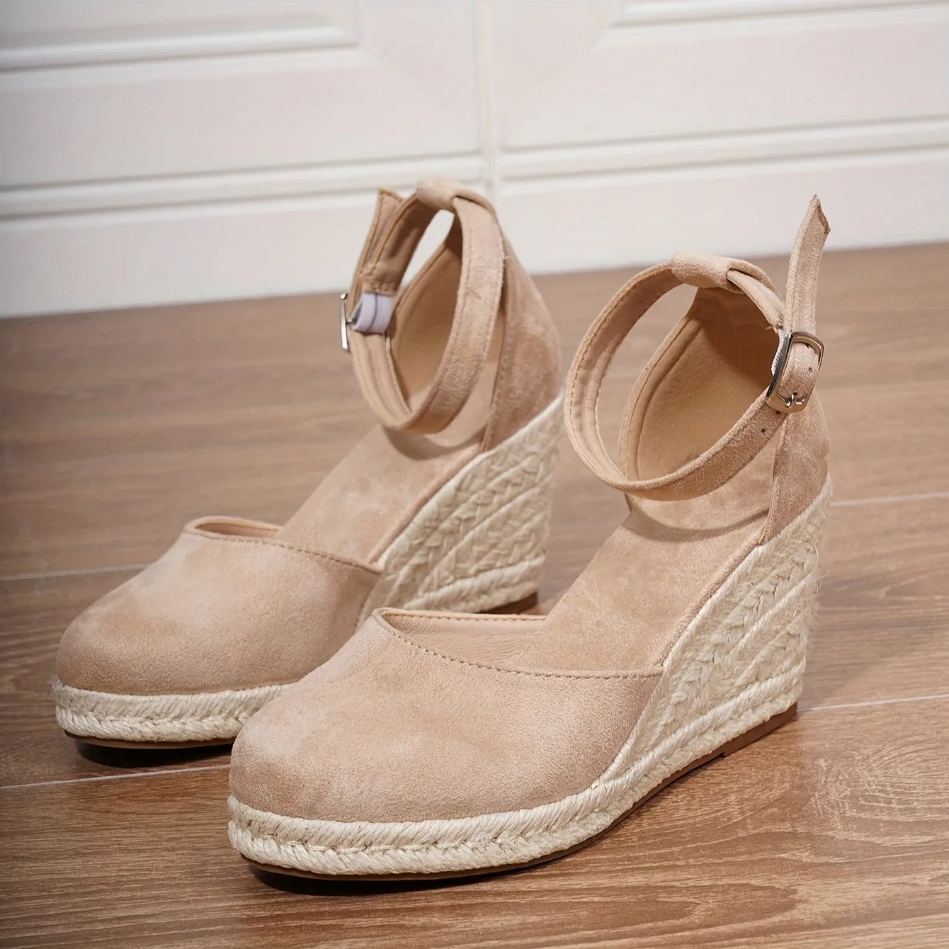 Women's summer block heels in black, styled on foot